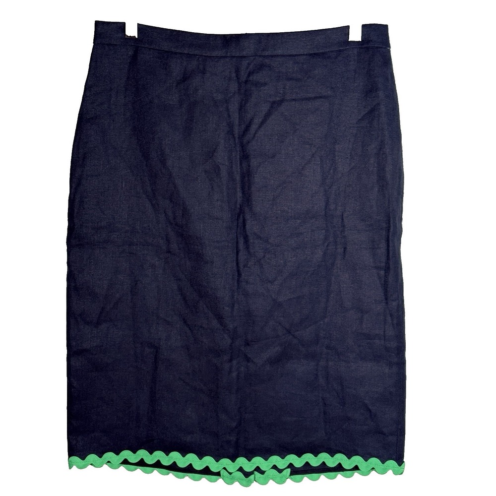J Crew Linen Pencil Skirt Womens 6 Navy Blue Green Ric Rac Scallop Hem Lined NWT